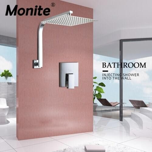 Monite 8~16 Inch Chrome Brass Shower Valve Square Head Set W/ Wall Mounted Super Thin Goose Neck Arm Shower Set Faucet