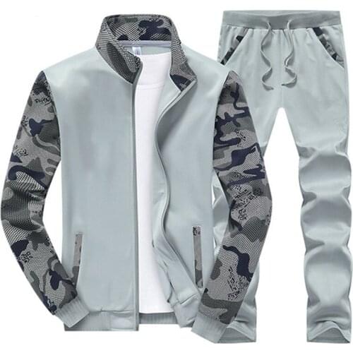 Mens Tracksuit Autumn Spring Sports Suit Sweatshirt Sweatpants with Camouflage Sleeves Mens Clothing 2 Pieces Slim Tracksuit