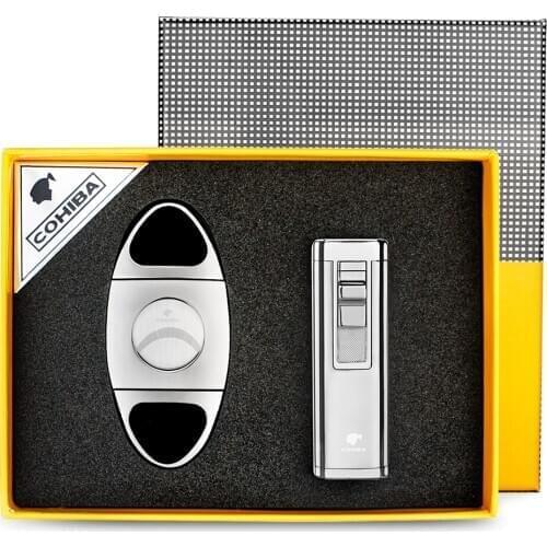 Cohiba Cigar Lighter Cutter Set Torch with Triple Jet Flame with Cigar Punch Smoking Sets Scissors Portable No Gas