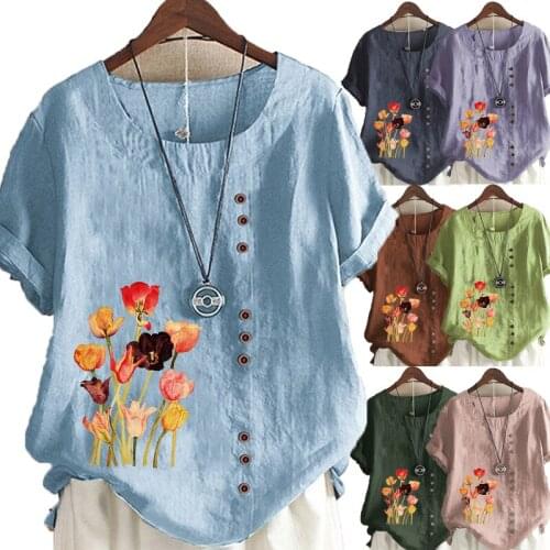 New Women Summer Casual Flowers Print Loose T-shirts Vintage Round Neck Plus Size Short Sleeve Blouse Tops S-5XL