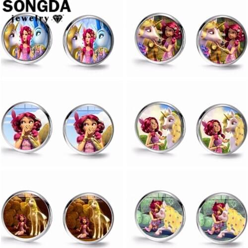 SONGDA 2019 Fashion Cartoon Mia and Me Earrings Fairy Elf Horn Horse Pattern Glass Time Gem Stud Earrings for Girl Party Jewelry