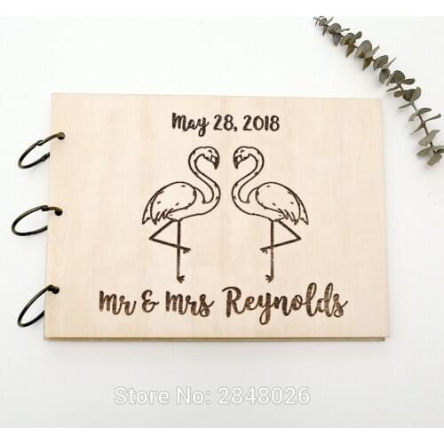 Flamingo Rustic engraved wedding guestbook,Custom Mr & Mrs wooden Wedding guest book, personalized Script tropical in album