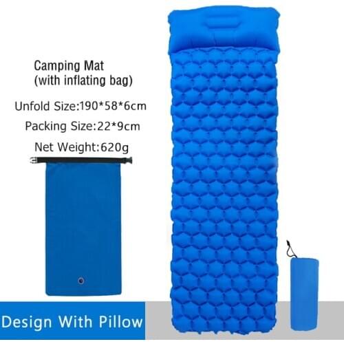 Zomake 190*56cm fast filling air bag camping Sleeping Pad With Pillow inflating camping mattress single person air mattres bed