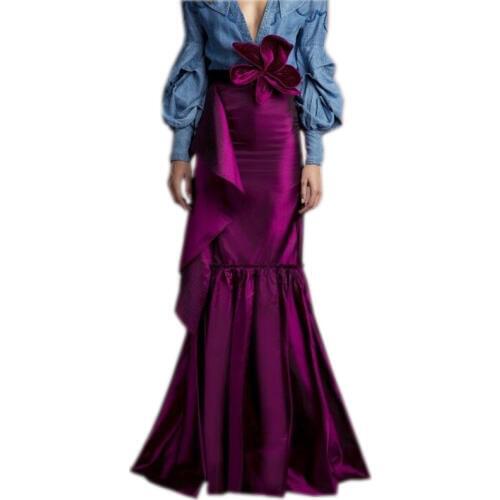 Dark Plum Color Mermaid Taffeta Skirts With Flower On Waist Ruffles Zipper Long Women Skirts For Autumn Custom Made Maxi Skirt