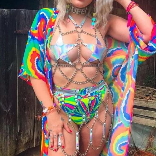 Hot Selling Holographic Women Two Piece Set Sexy Multilay Star Pattern Tops Adjustable Hollow Out Skirt Summer Carnival Outfits