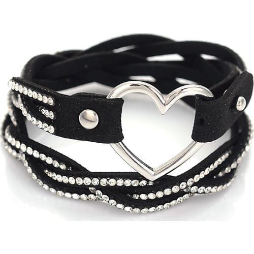 Miasol Braided Rope Double Leather Bracelet With Crystal And Heart Charm Adjustable Wrap Bracelet Fashion Jewelry for Women