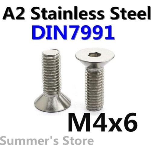 100pcs/lot DIN7991 M4*6mm Stainless Steel screw Hex Socket Flat Head Cap Screw M4*6mm Metric Countersunk Head screw Bolt