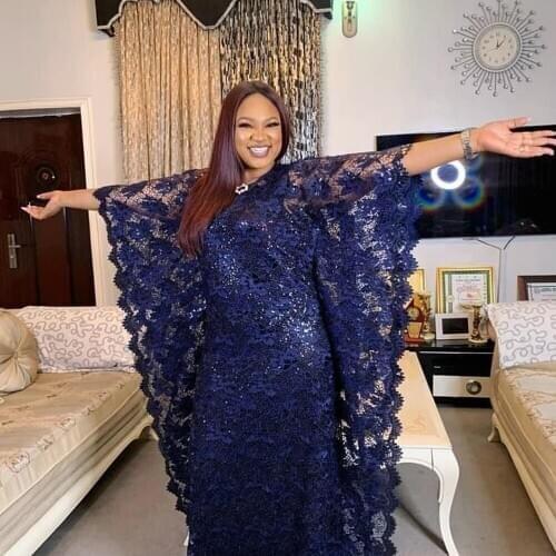 African Clothes Women High Quality Lace Maxi Dress Half Sleeve Floral Embroidery Diamonds Fashion Hollow Out Lady Vestidos