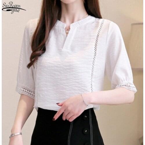 Strip Shirt Yellow White Shirt 2021 Summer New V-collar Short Sleeve Chiffon Blouse Women Top and Blouse Women Clothing 4138 50