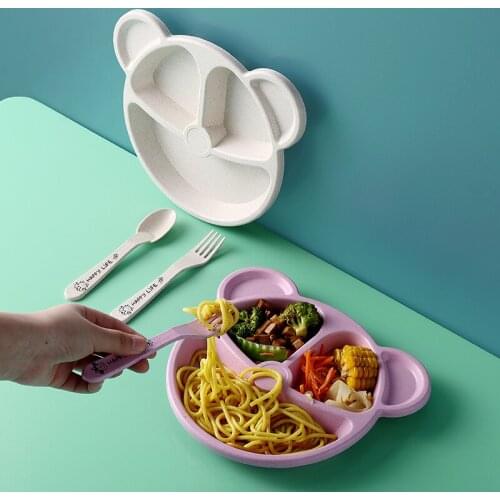 Wheat Straw Cartoon Childrens Gridded Dinner Plate Kindergarten Student Tableware Dinner Plate Set 3-Piece Set