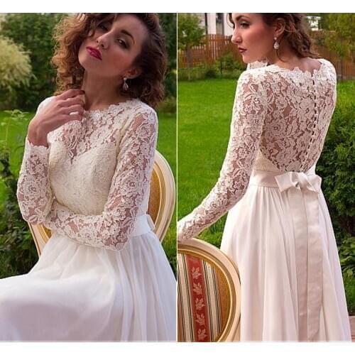 2020 O-Neck Long Sleeve Lace Wedding Dresses Chiffon A-Line Illusion Back Floor Length Long Vestidos De Noiva Bridal Gowns