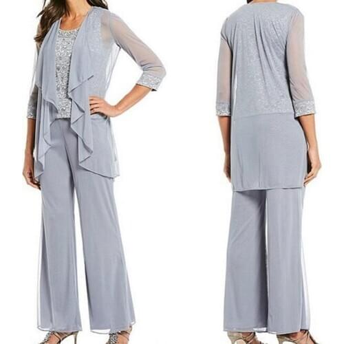 Lace Chiffon Mother Pantsuits Women 3 Pieces Mother Of The Bride Dress Custom Made Formal Party Gowns Mothers Suits Plus Size