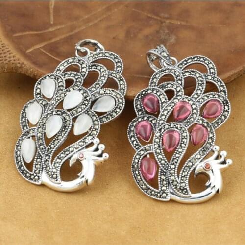 925 Sterling Silver Jewelry Retro Thai Silver Men And Women Couples Marcasite Inlay Opal Peacock Pendant Fine Jewelry