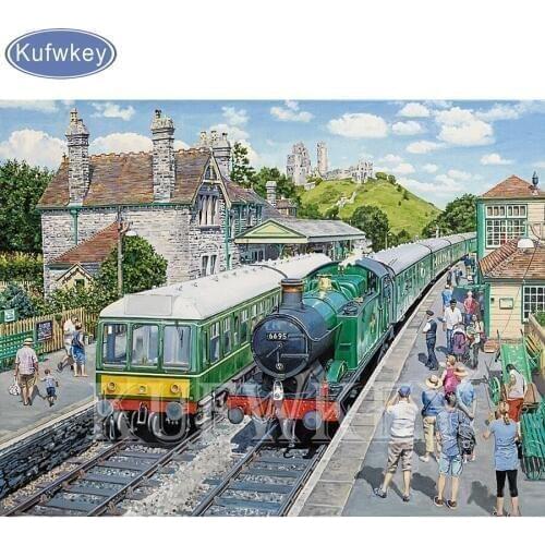 DIY Diamond Painting Train square Full Drill Diamond Embroidery"Passenger waiting for the train"Cross Stitch Mosaic Home Decor