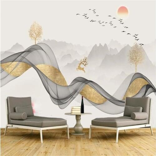 Milofi new Chinese abstract gold foil landscape landscape mural wallpaper bedroom living room TV background wall