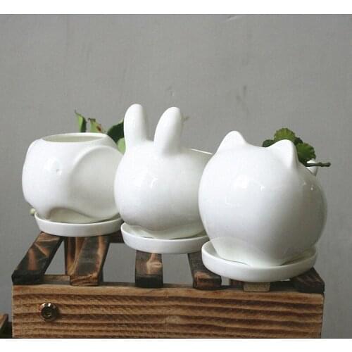 1pc Lovely Rabbit Tiger White Ceramic Planter Mini Animal Flower Pot for Cactus Succulents Plants Home Garden Decoration