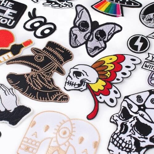 Prajna Skull Patches Punk Biker Embroidered Patches For Clothing Badges Iron On Patches Stripe On Clothes Applique Jacket Jeans