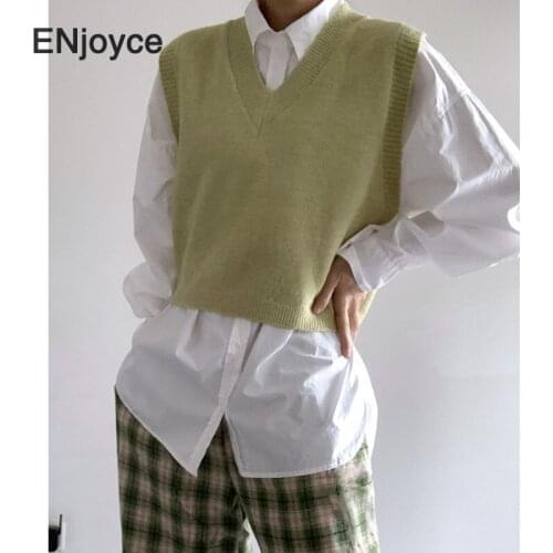 New Korean Women Vintage Green Knitted Vest Waistcoat Sleeveless Stretchy Jacket Female Basic Style Sweater Cute Chic Crop Tops