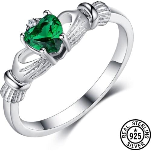 Real 925 Sterling Silver Rings for Women Irish Claddagh Created Nano Emerald Heart Shape Solitaire Ring Classic Fine Jewelry