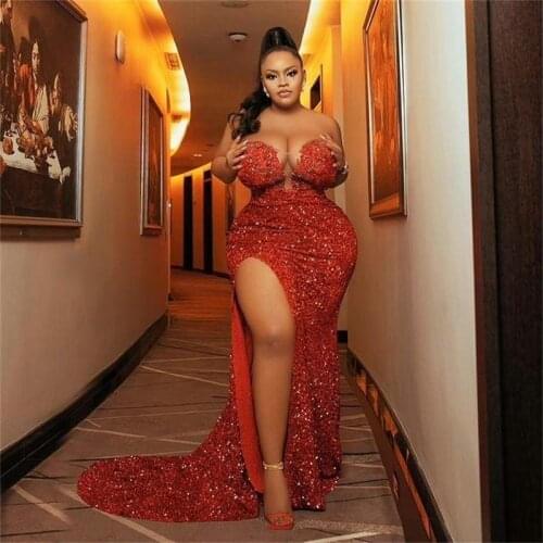 2021 Plus Size Aso Ebi Prom Dresses Beaded High Split Sheath Evening Formal Party Second Reception Gowns