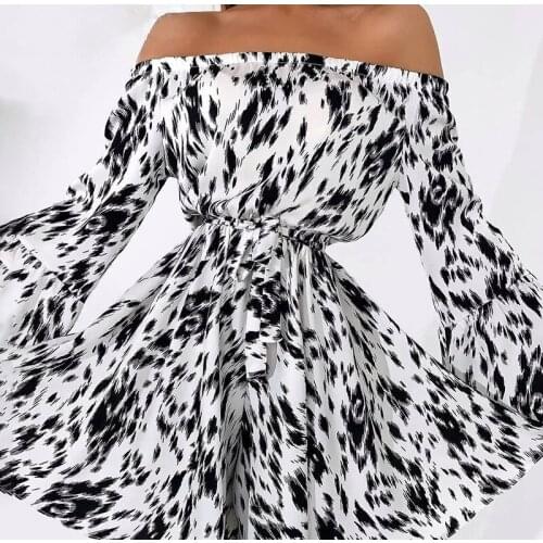 Spring Sexy Slash Neck Women Dress 2021 New Autumn Fashion Casual Print Long Sleeve Lace Up Elegant Party Mini Dresses For Femme