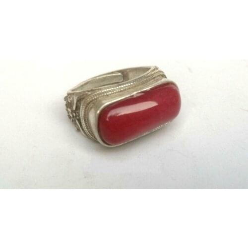 Superb Collection Old China Tibet Silver Handmade Inlay Jade Ring Decorated Gift