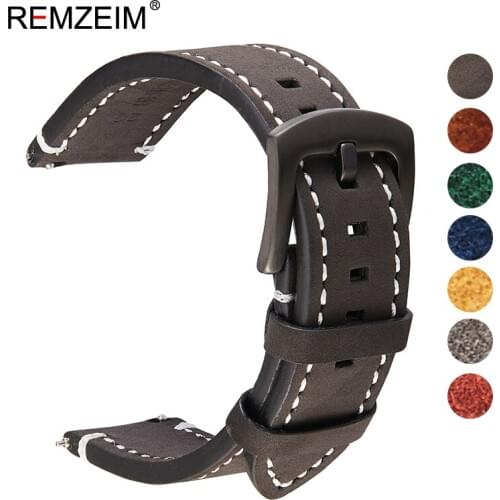 REMZEIM Handmade Watchband 18mm 20mm 22mm 24mm Crazy Horse Skin Leather Strap Wristband Bracelet Watchband Watch Accessories