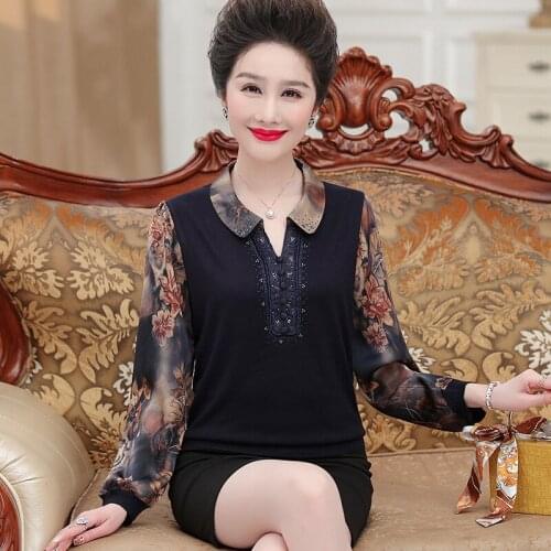 Mothers Middle aged shirt early spring new style foreign style Lapel knitted top middle aged and old noble Chiffon T-shirt girl