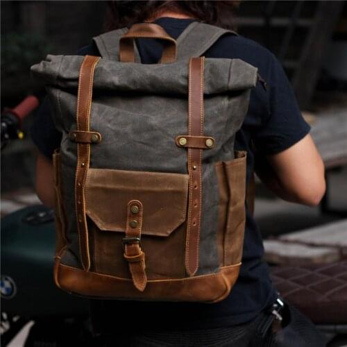 VZVA Roll Top Backpack for Men Waxed Canvas Shoulder Rucksack for Travel School High Capacity Vintage Backpack 12-15" Laptop