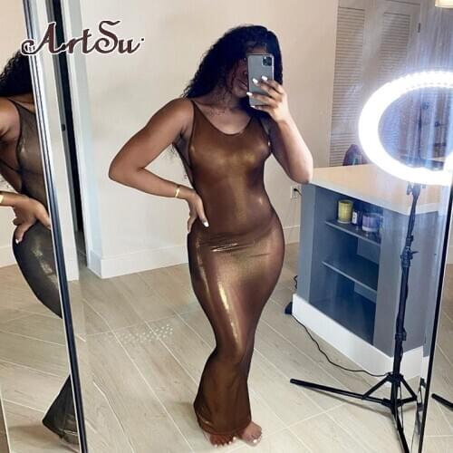 Artsu Shiny Midi Dress Strap Backless Bodycon Sexy Club Party Elegant Dresses Women 2020 Autumn Winter Slim Solid 42403