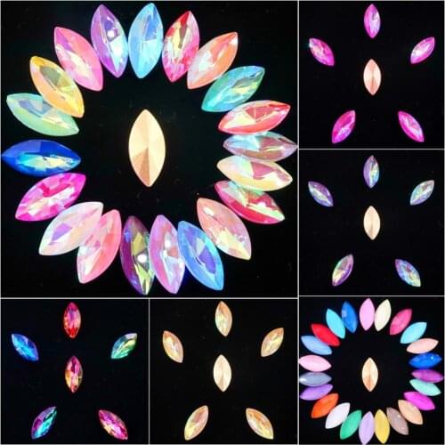 Glass crystal 7*15mm jelly candy AB & rainbow colors Navette shape Glue on rhinestone beads applique handicraft diy trim