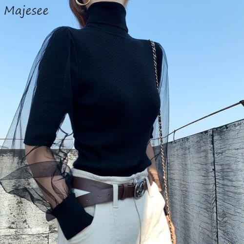 Turtleneck Sweater Women Solid Mesh Korean Style Design Breathable Slim High Street Stylish Leisure Elegant Ladies Tops Spring