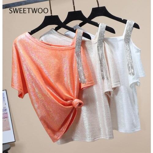 Loose Tshirt Woman Short Sleeve T-shirt Womens New Summer Fashion Off-Shoulder Diamond Tassel Tshirt Top Lady Loose T-shirt