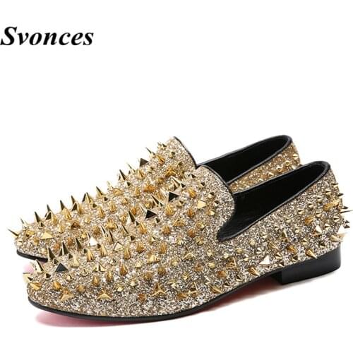 Svonces Shiny Gold Spiked Rivets Loafers Men Casual Shoes Red Bottoms Sequins Wedding Dress Shoes Men Flats Slip On Moccasins