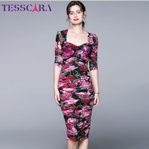 TESSCARA Women Summer Elegant Mesh Dress Festa High Quality Long Floral Party Robe Femme Square Collar Designer Pencil Vestidos