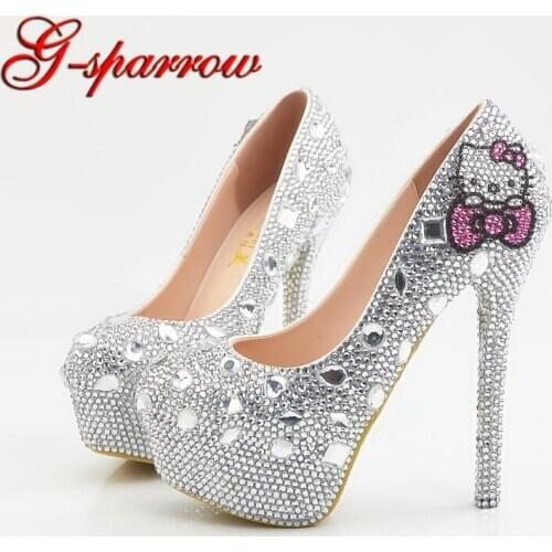 Big Size 14cm High Heel Crystal Shoes with Pink Rhinestone Wedding Party Shoes Lady Formal Dress Shoes Size 11 12