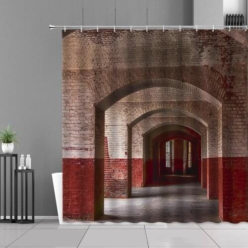 Vintage Architectural Shower Curtain 3D Printing Retro Door And Window Bathroom Bathtub Background Wall Decoration Cloth Curtain