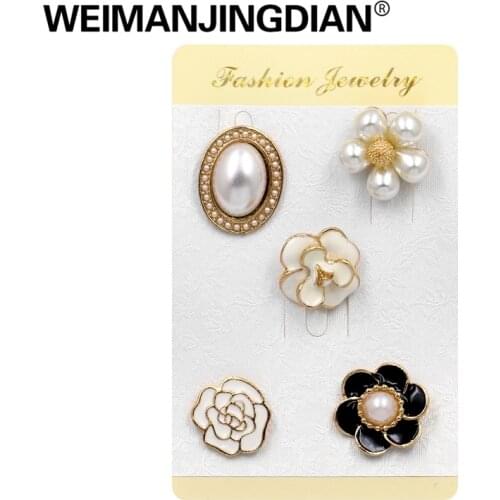 WEIMANJINGDIAN Set of 5 Pieces Enamel and Simulated Pearl Flower Brooch Pins for Handbags or Shoes Fashion Jewelry Accessories