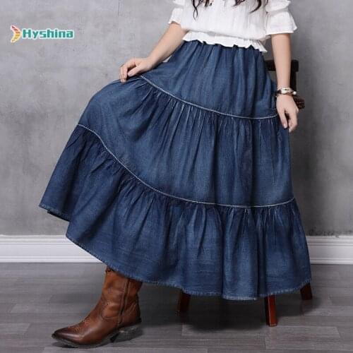 Womens New Splicing Denim Skirt Retro Versatile Cake Long Skirt Half Skirt