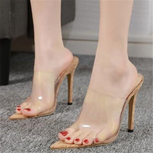 Women sandals PVC Slip On 12cm Thin Heels High heels Pointed Toe Shallow women shoes sandalias mujer 2020 size 35-42 Beige