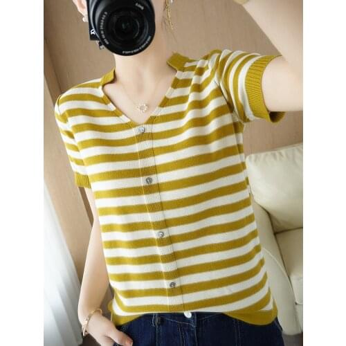 Women Candy Color Striped Knitted Short-Sleeved Sweater Ladies Cotton Linen T-Shirt Tops V-Neck Button Decoration Pullover Tees