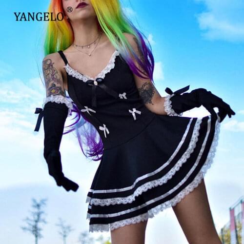 Yangelo Gothic Sexy V Neck Lace Black Dress Women Y2K Harajuku Bow Mini Dress Backless High Waist Dress Goth Lolita Party Dress