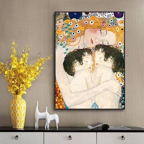Famous Painting Print Canvas Painting Mother Love Twins Baby By Gustav Klimt Poster Wall Art Aesthetic Room One Piece Decoration