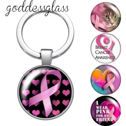 Beast cancer awareness Cure Pink ribbon Round glass cabochon keychain Bag Car key chain Ring Holder Charms keychains for gift