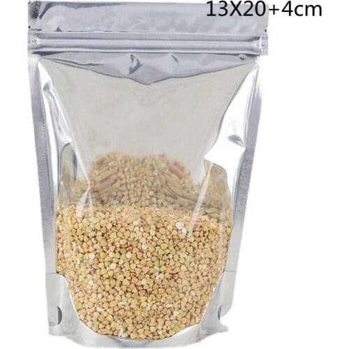 100pcs Stand Translucent Ziplock Bags Zipper Reusable Aluminized Foil Plastic Pouches Front Clear Food Sack Pouches 13*20+4cm