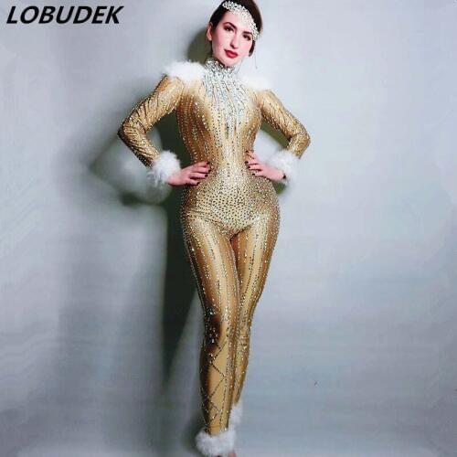Glisten Rhinestones White Feathers Skinny Jumpsuit Elastic Leotard Occident Bar Club Singer Costume Sexy Performance Stage Wear