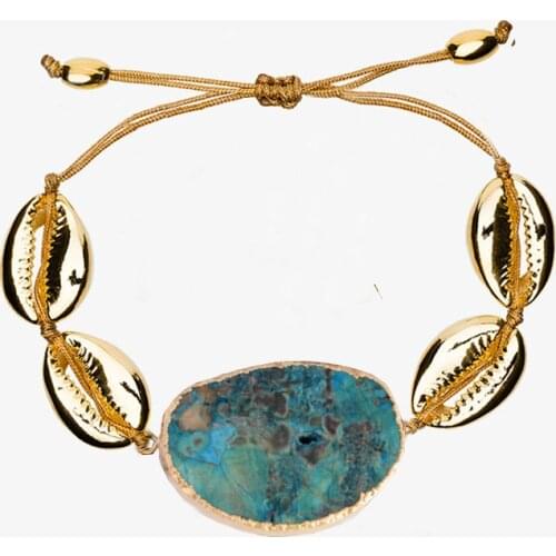 Natural stone bracelet gold puka cowries shell bracelet green bohemian boho braclet armbanden pulseiras masculina para pareja