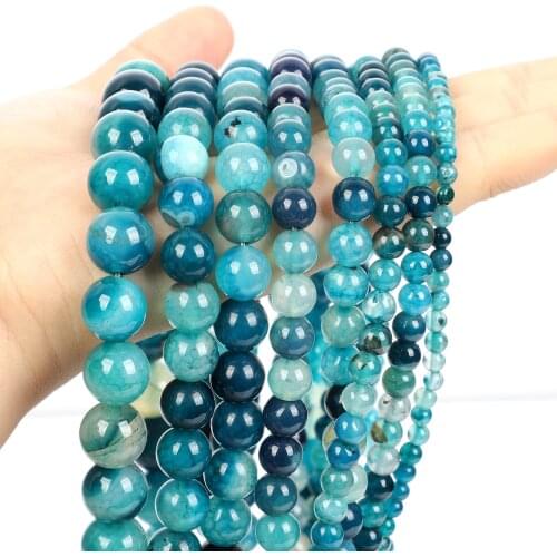 Blue Green Veins Agates Smooth Natural Stone Beads Round Loose Spacer Bead For Jewelry Making Bracelets Charm Accessories 4-12MM