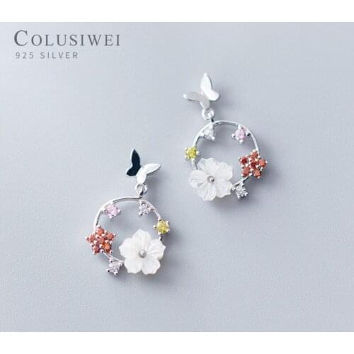 Colusiwei 925 Sterling Silver Cute Butterfly Cherry Blossom Stud Earrings Colorful Crystal White Flower For Women Fine Jewelry
