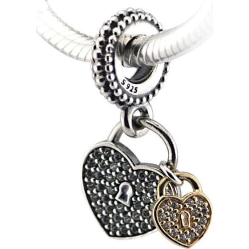 Valentine Two Tone Love Locks Charm Beads Fit Pandora Bracelets Original 925-Sterling-Silver Jewelry CZ Pave Heart Dangle